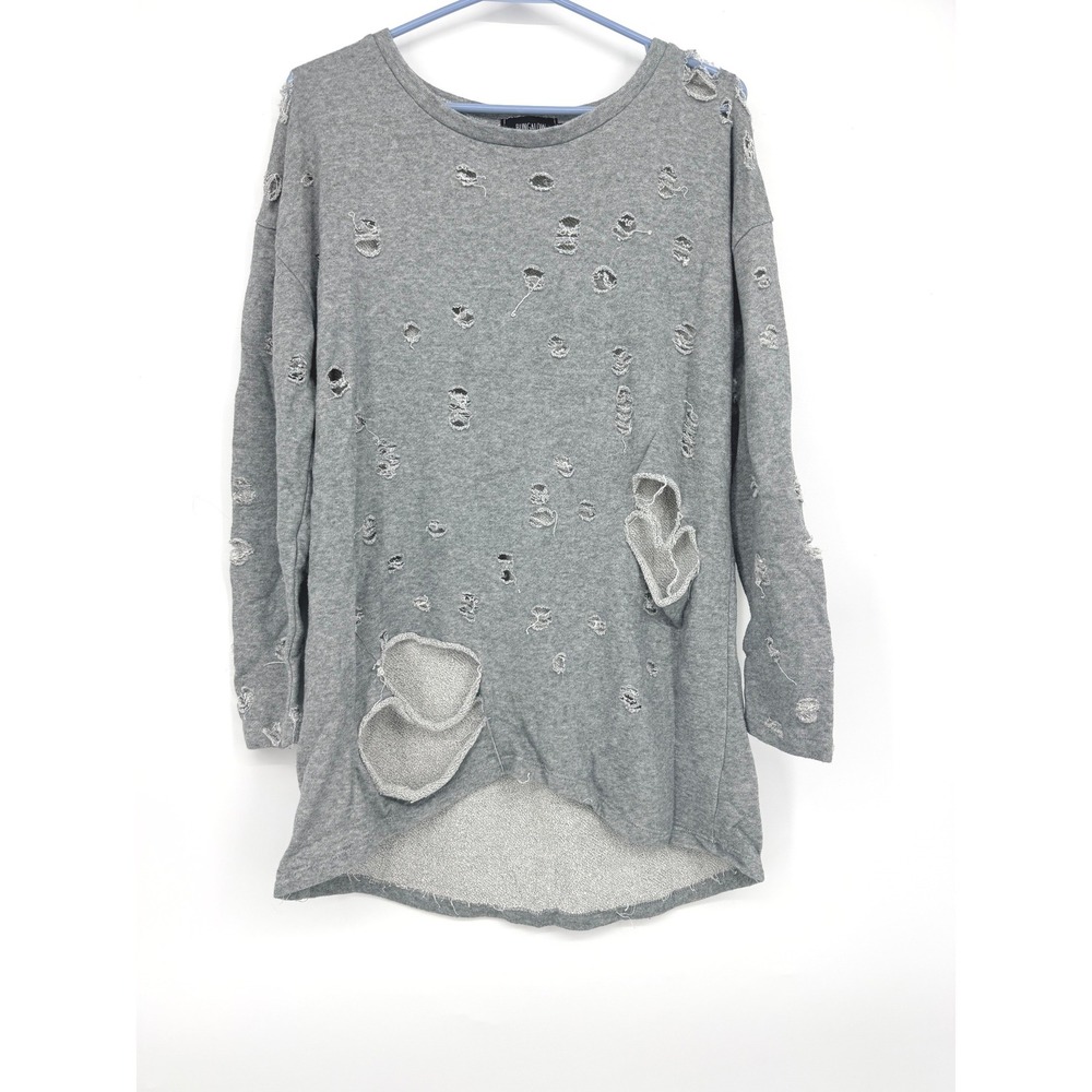 Bungalow 20 Womens Distressed Sweatshirt Gray Long‎ Sleeve Ripped Top S